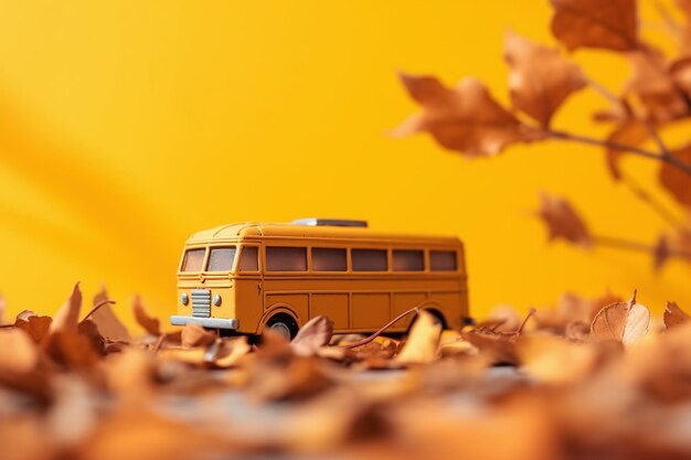 Retro speelgoedbus op een oppervlakteverstrooiing met herfstbladeren op gele achtergrond Gemaakt met generatieve AI-technologie
