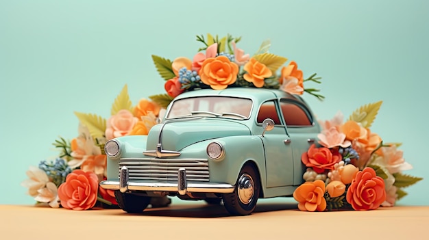 retro speelgoedwagen die een boeket bloemen levert op een pastelkleurige achtergrond