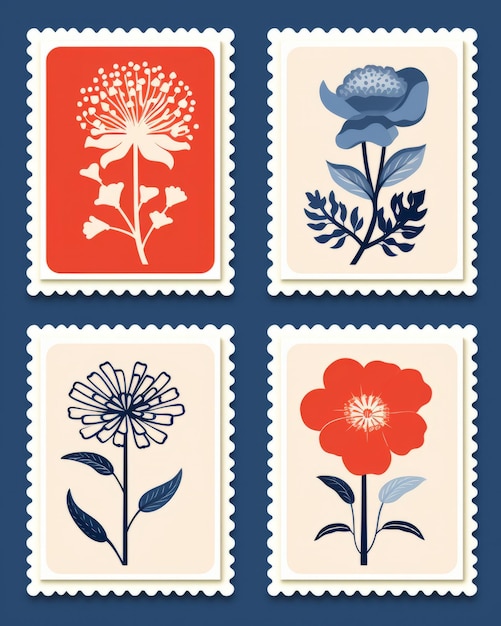 Photo retro stamp style illustrations with red and blue flowers