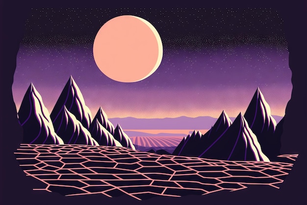 Retro stijl sci-fi landschap met bergen Retro futuristische science fiction illustratie in tekenstijl met buitenaardse zon Gegenereerde AI