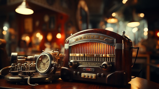 Foto retro-stijlmicrofoon en koptelefoon en oude radio