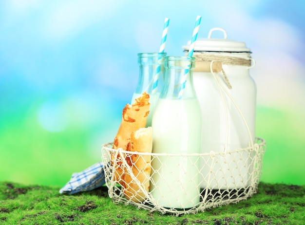 Retro still life with tasty rustic milk on nature background