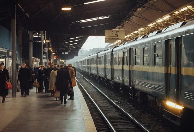 Retro stoomtrein vertrekt van het treinstation bij zonsondergang