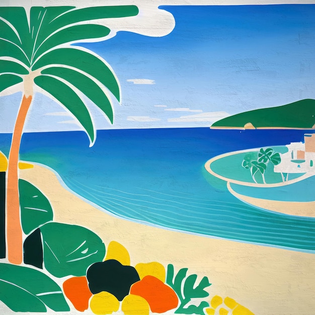 Foto retro strand poster artistieke illustratie in oude anime stijl kleurrijke zomervakantie achtergrond