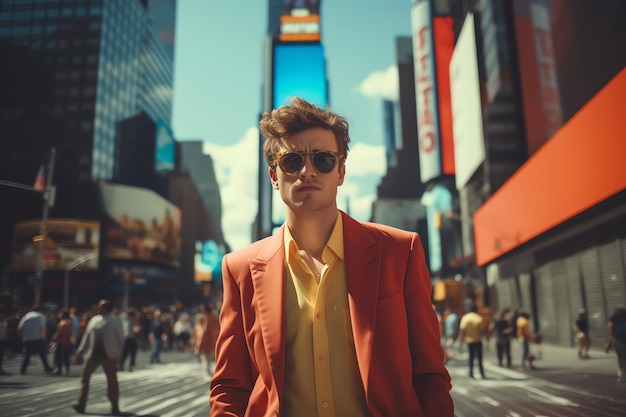 Photo retro street style photo of a man in new york city close up travel man with landscape travel