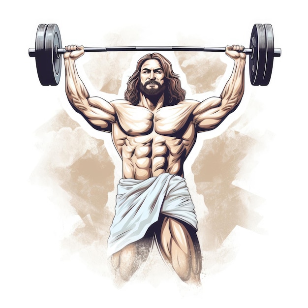 Retro Strength Jesus the Weight Lifter Contoured T-shirt ontwerp op witte achtergrond