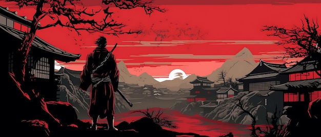 retro stripverhaal van Japanse samurai