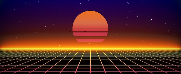 Retro style 80s Background Futuristic with laser grid landscape Digital cyber