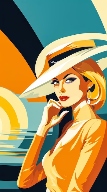 Retro style beauty poster illustration with a bold make up and colorful backdrop