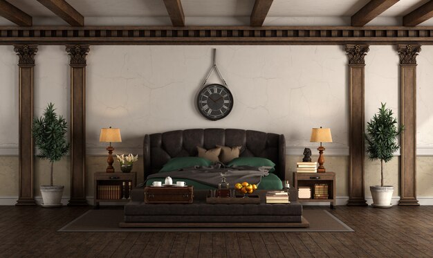 Retro style  bedroom with leather double bed