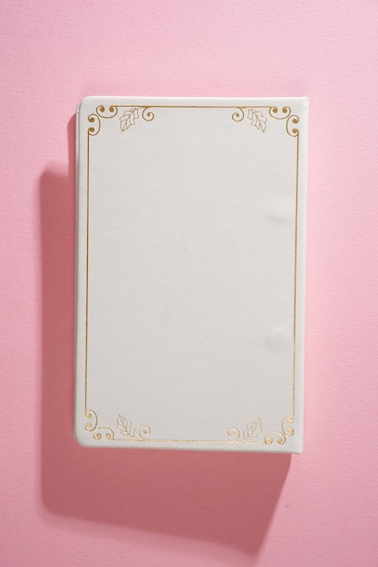 Photo retro style of beige hard cover book against pink background