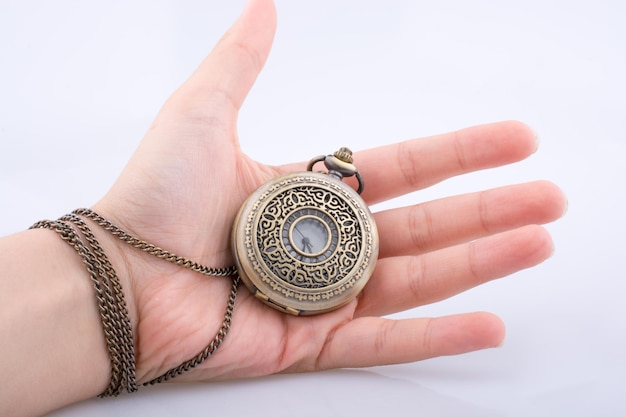 Retro style classic pocket watch in hand