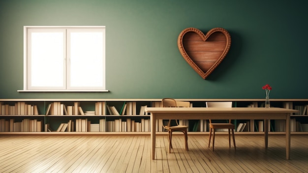 Retro style classroom with wooden table and chairs heart shaped shelf on the wall books on the shelf flower vase on the table