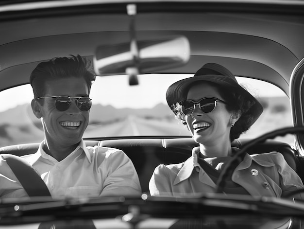 Retro style couple smiling in a classic convertible car Vintage travel and leisure concept