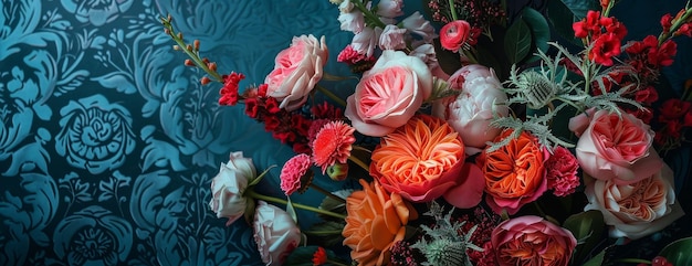 Photo retro style diverse bouquet with vibrant bloomsdark moody vintage wallpaper