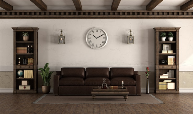 Retro style living room with leather sofa