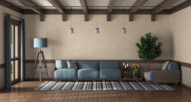 Retro style living room with wooden sofa with blue cushion - 3d rendering