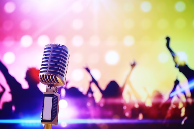 Premium Photo | Retro style microphone on background with backlight.  vintage silver microphone for sound, music, karaoke. speech broadcast  equipment. live pop, rock musical performance. selective focus