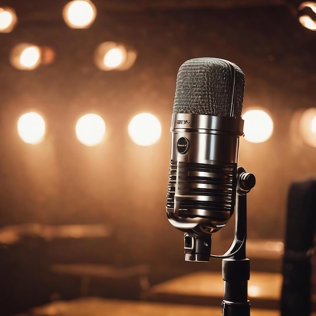 Retro style microphone on background with backlight