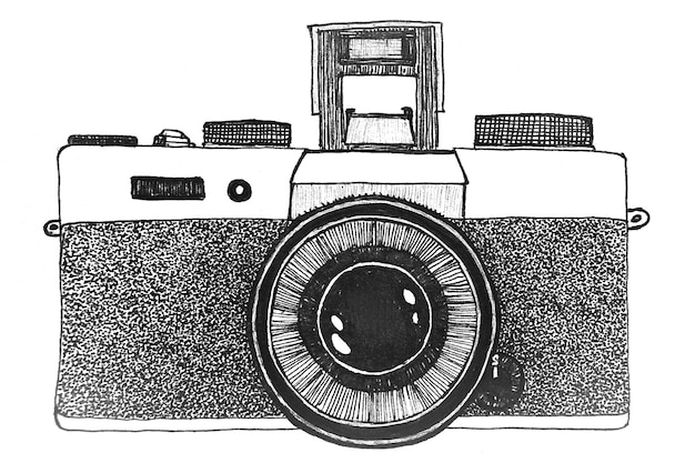 Ретро стиль старый значок камеры изолировал рисованной на белом фоне. Стиль линии.