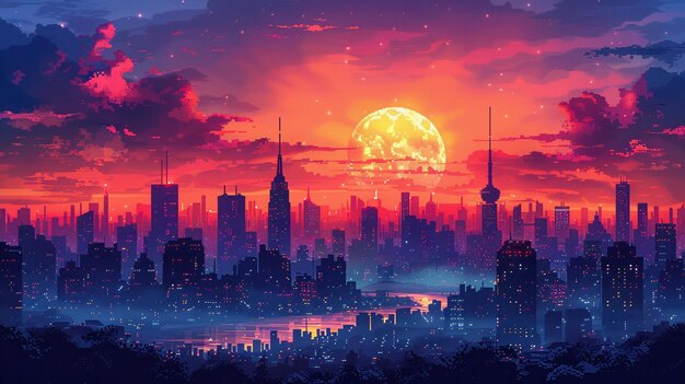 Retro style of pixel background of modern and calm city Illustration in r pixel art background