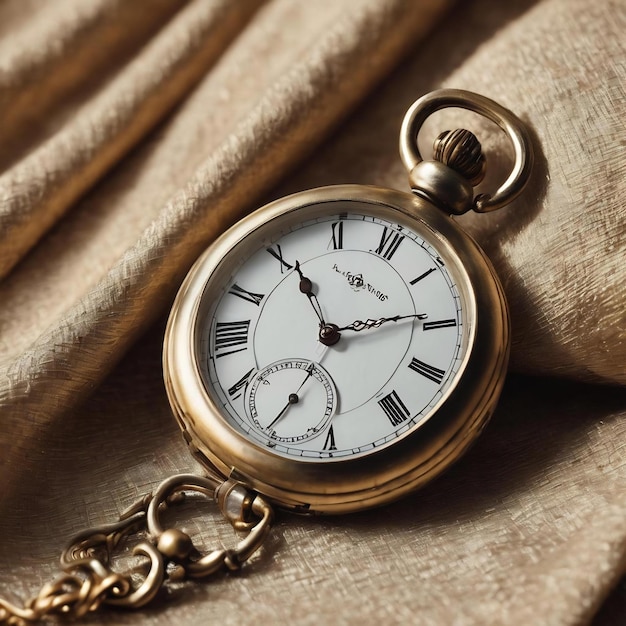 Retro style pocket watch placed on a piece of fabric