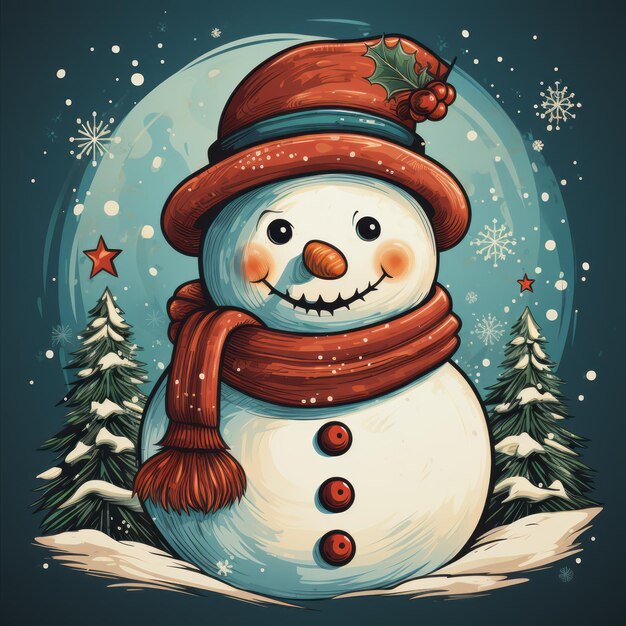 Снежный человек в ретро-стиле Иллюстрация для старинных праздничных открыток