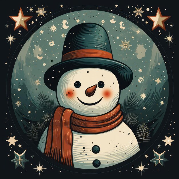 Снежный человек в ретро-стиле Иллюстрация для старинных праздничных открыток