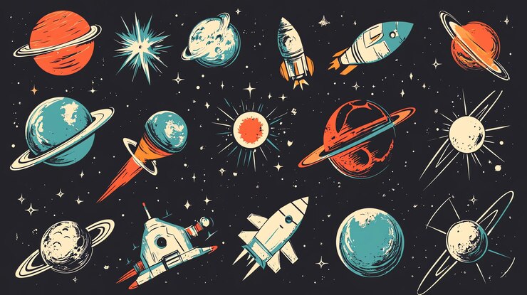 Photo retro style space illustration with planets rockets and stars