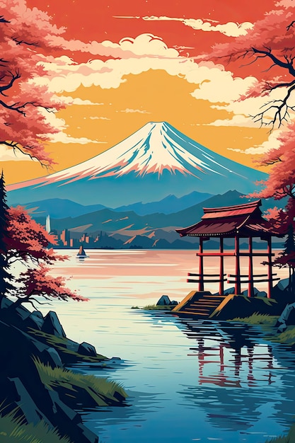 Retro style travel poster with mount fuji and a torii gate on a lake 1970s style graphics