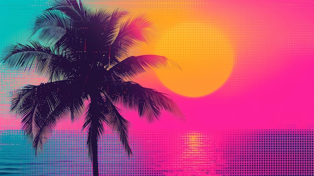 Retro style vaporwave palm tree at sunset