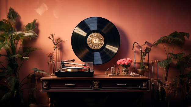retro style vinyl record with headphones on table