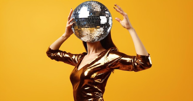 레트로 스타일의 여성이 레트로 디스코 공 머리와 함께 춤을 추고 노란색 배경 복사 공간에 고립되어 있습니다.