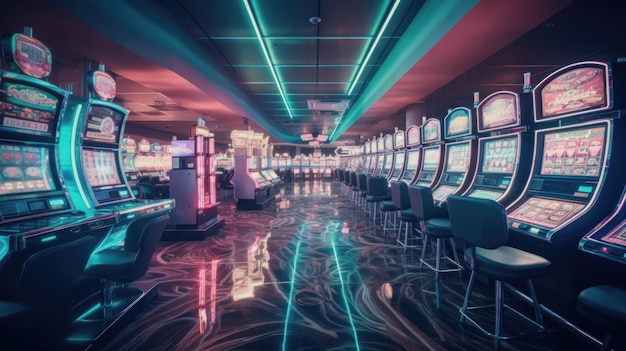 Retro styled casino interior with casino slot machines adorned with mesmerizing neon lights Ai generated