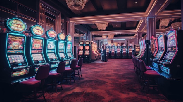 Retro styled casino interior with casino slot machines adorned with mesmerizing neon lights Ai generated