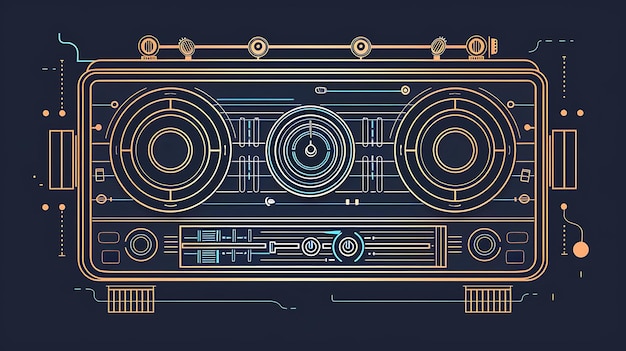 A retro styled illustration of a boombox stereo The image is made up of simple lines and shapes and has a nostalgic feel to it