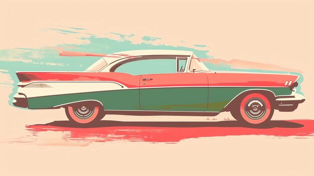 A retro styled illustration of a classic 1950s car The car is pink and green with a white top and white wall tires The background is a light pink