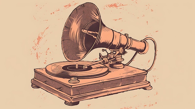 Retro styled illustration of a gramophone record player with a large horn speaker