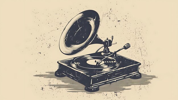 Retro styled illustration of a vintage record player with a horn speaker The image has a sepia tone and a distressed texture