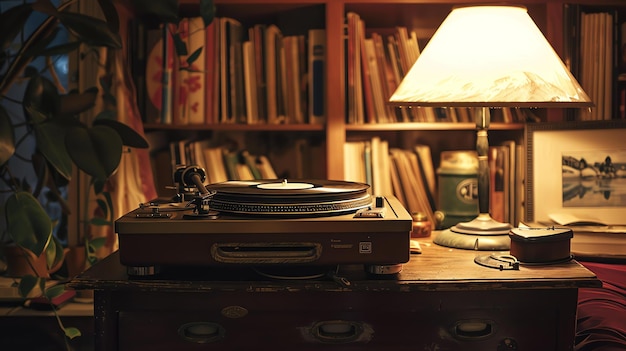 Retro styled image of a record player sitting on a wooden table with a lamp and books in the background