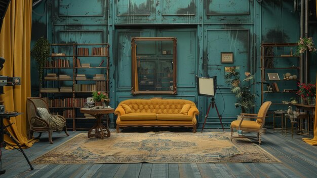 Photo retro styled room with yellow sofa