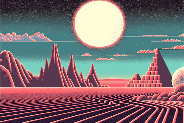 Photo retro styled scifi landscape with mountains retro futuristic science fiction illustration in drawing style with alien sun generated ai