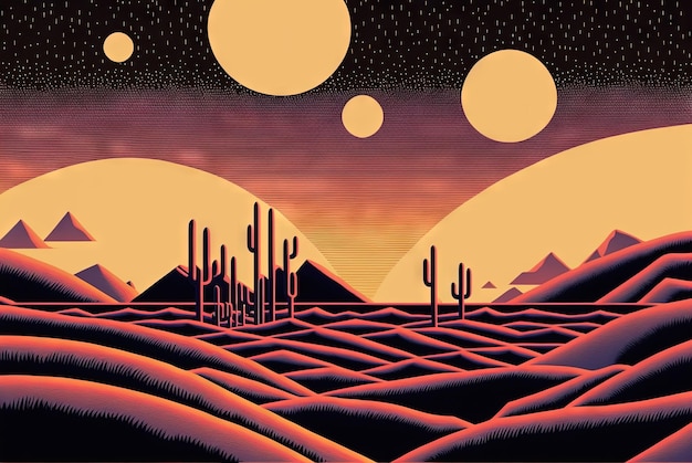 Retro styled scifi landscape with mountains Retro futuristic science fiction illustration in drawing style with alien sun Generated AI