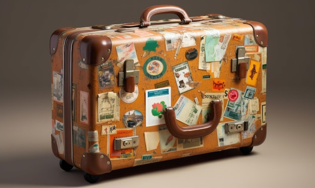 여행 스티커가 있는 여행자의 복고풍 가방