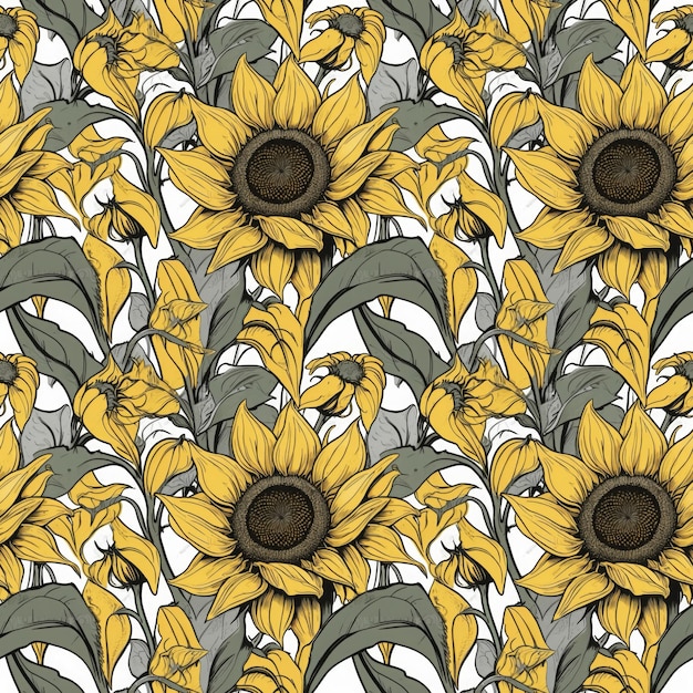 Photo retro sunflower garden seamless floral pattern with green leaves and yellow blossoms for fabric dec