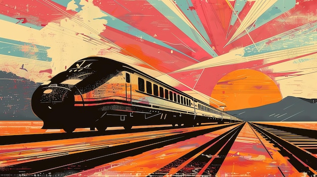 Retro sunset and a high speed train