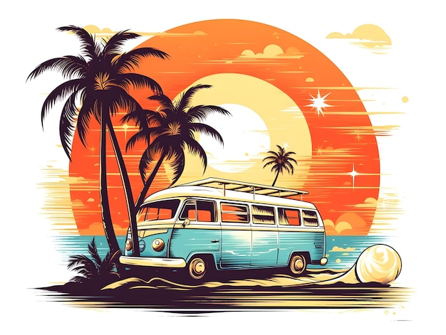 Retro surfbusje geparkeerd onder palmbomen op een strand met zon en maan