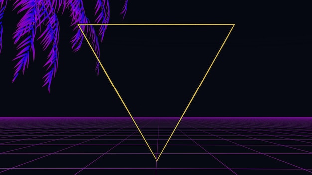 Sfondo retrò synthwave griglia al neon 3d e palma tropicale su uno sfondo di notte oscura stilistica dei giochi per computer degli anni '80 e musica elettronica illustrazione 3d di alta qualità