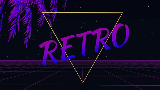 Foto sfondo retrò synthwave 3d griglia al neon palma tropicale e iscrizione retrò su uno sfondo di notte oscura stilistica dei giochi per computer degli anni '80 e musica elettronica illustrazione 3d di alta qualità