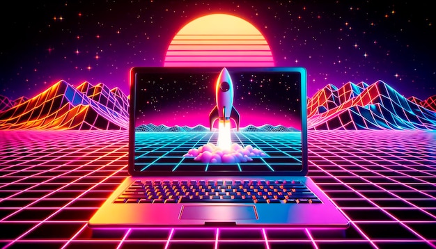 Retro synthwave laptop with rocket launch into neon sunset Generative AI